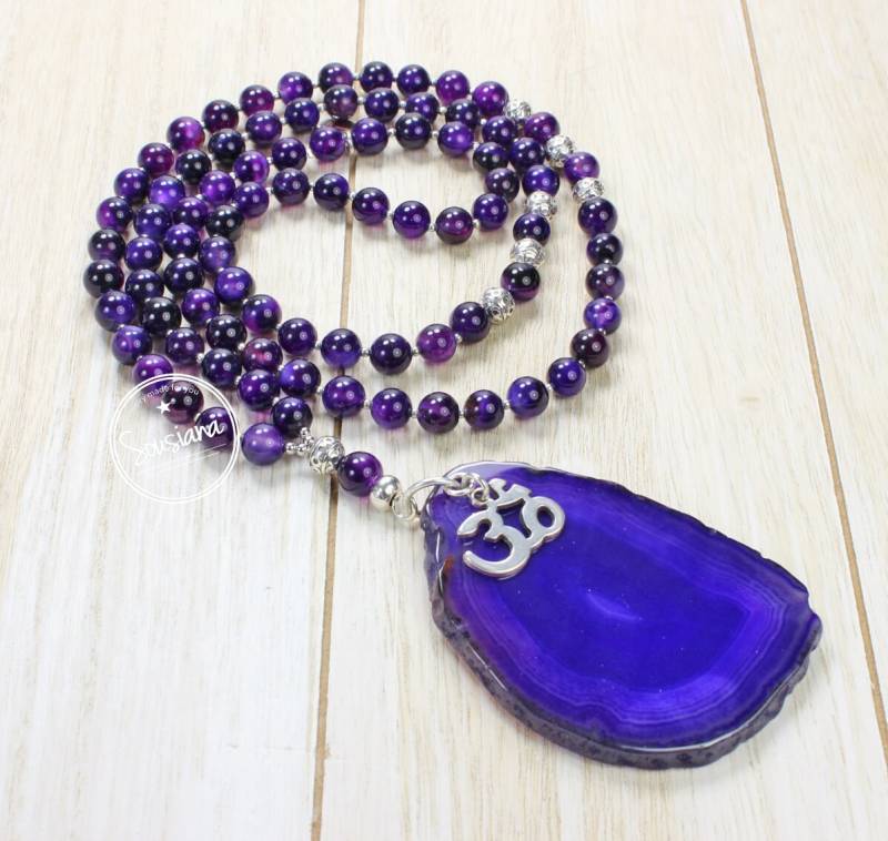 Lange Edelsteinkette Bettelkette Achat Indigo Blau Lila Antiksilber von Sousiana