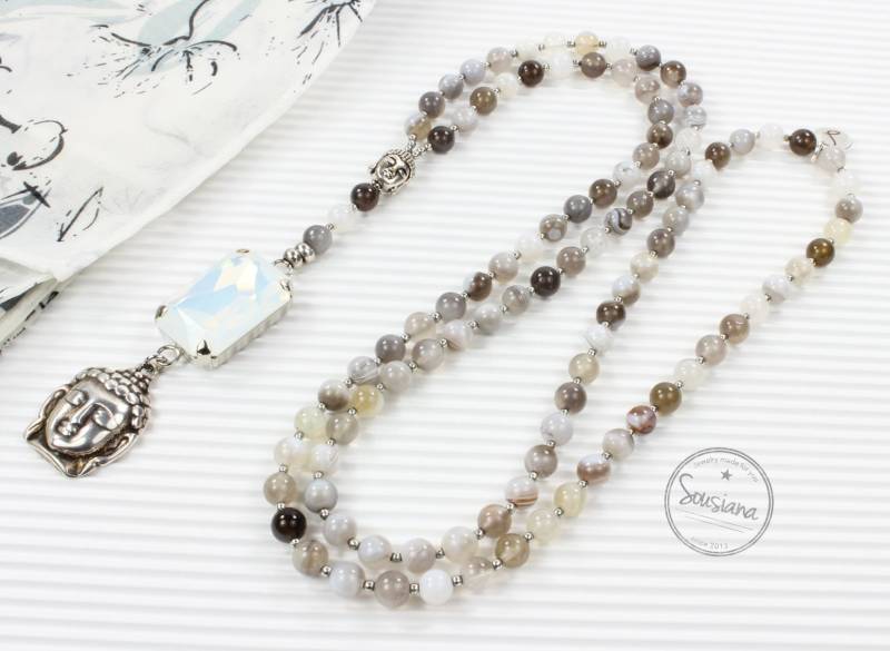 Lange Kette Buddha Achat Grau-Weiß Edelsteine von Sousiana