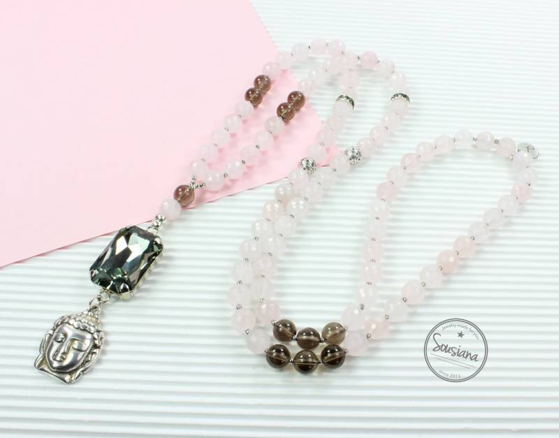 Lange Kette Buddha Rosenquarz Rauchquarz Edelsteine von Sousiana