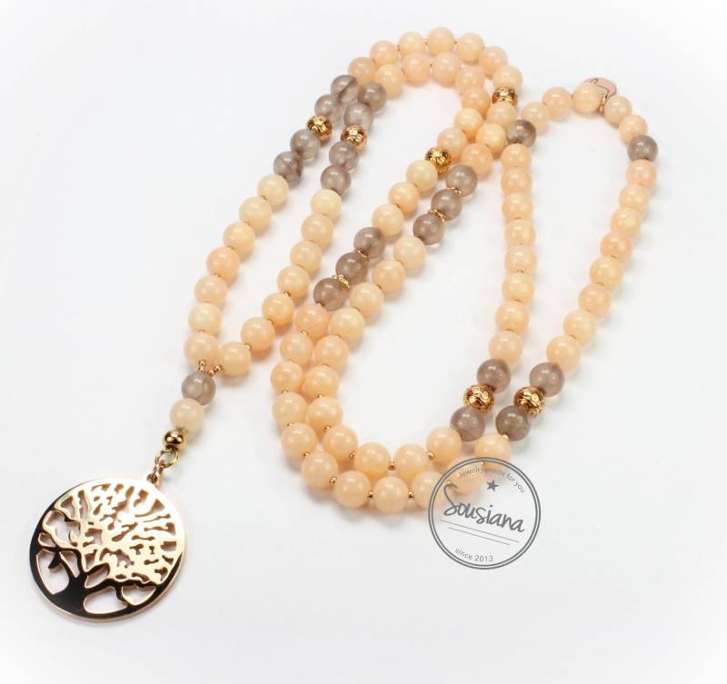 Lange Kette Lebensbaum Edelsteine Rosegold Peach Taupe von Sousiana