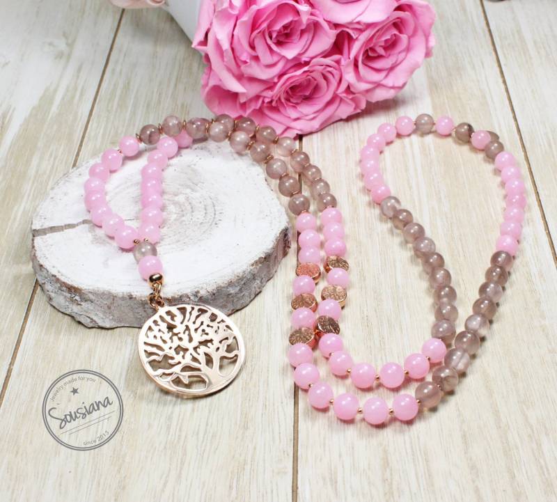 Lange Kette Lebensbaum Edelsteine Rosegold Rosa Taupe von Sousiana