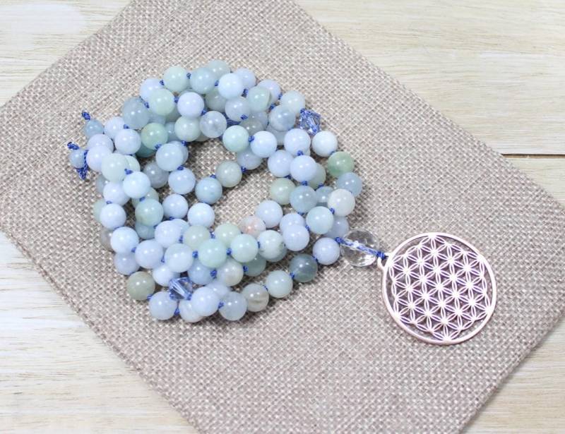 Mala 108 Aquamarin Blume Des Lebens Rosegold Edelsteinmala Gebetskette von Sousiana