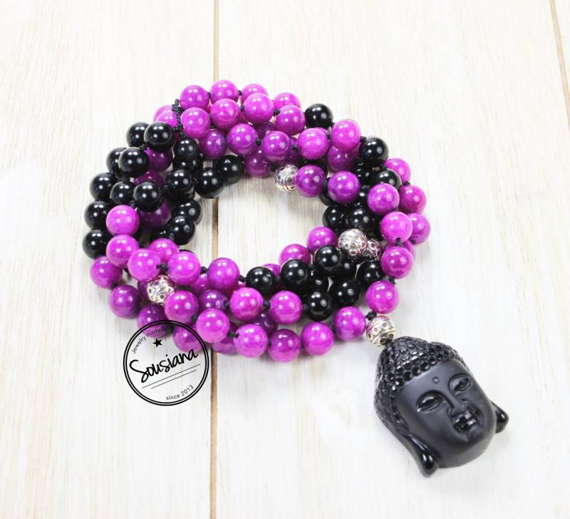 Mala 108 Edelstein Black Obsidian Buddha Jade Gebetskette von Sousiana