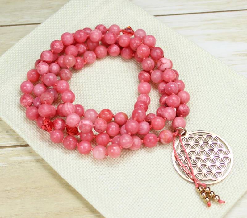 Mala 108 Rhodochrosit Blume Des Lebens Rosegold Edelsteinmala Gebetskette von Sousiana