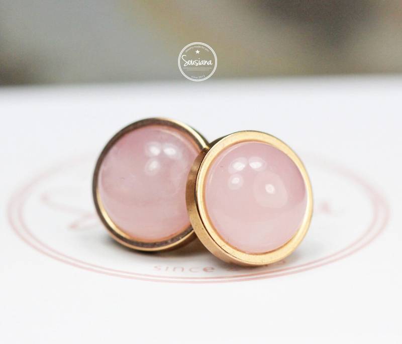 Ohrstecker Rosenquarz 10 Mm Rosegold Edelstahl Ohrringe Brautschmuck Edelsteinohrringe von Sousiana