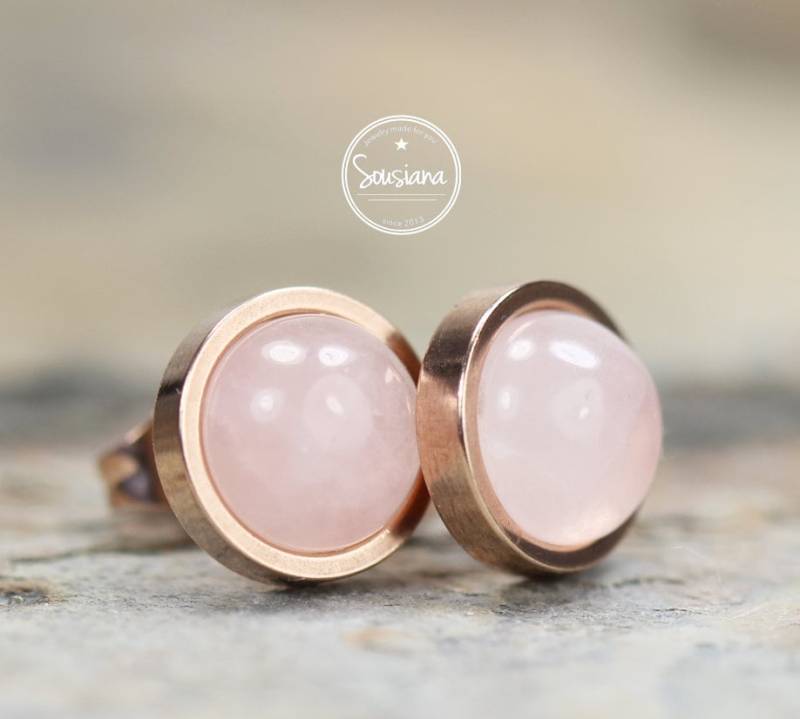 Ohrstecker Rosenquarz 8 Mm Rosegold Edelstahl Ohrringe Brautschmuck Edelsteinohrringe von Sousiana
