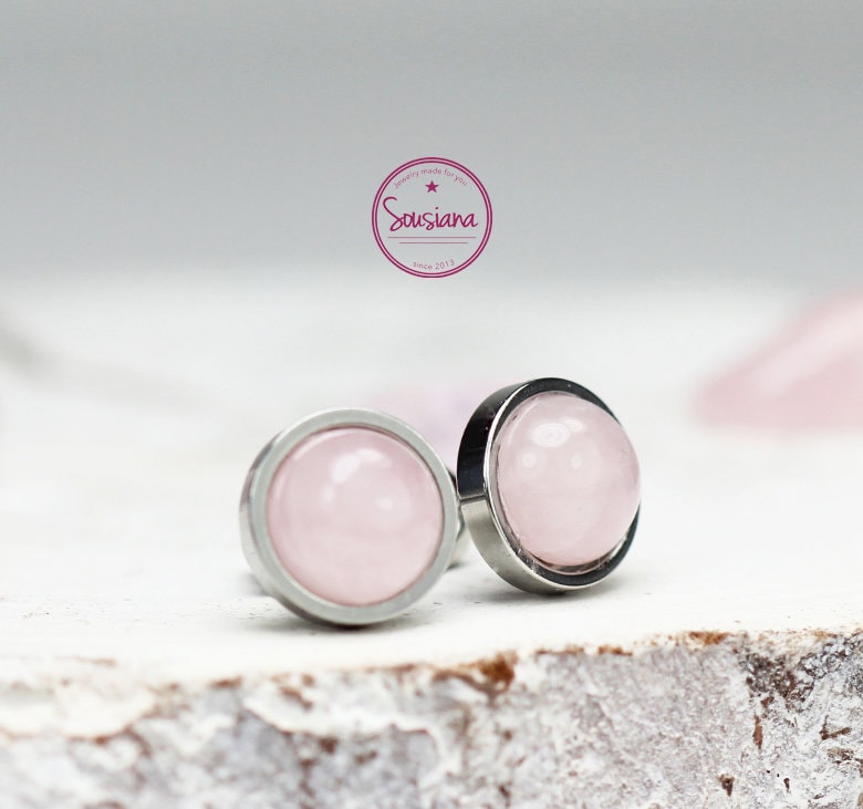 Ohrstecker Rosenquarz Edelstahl Ohrringe Brautschmuck Edelsteinohrringe Silber von Sousiana