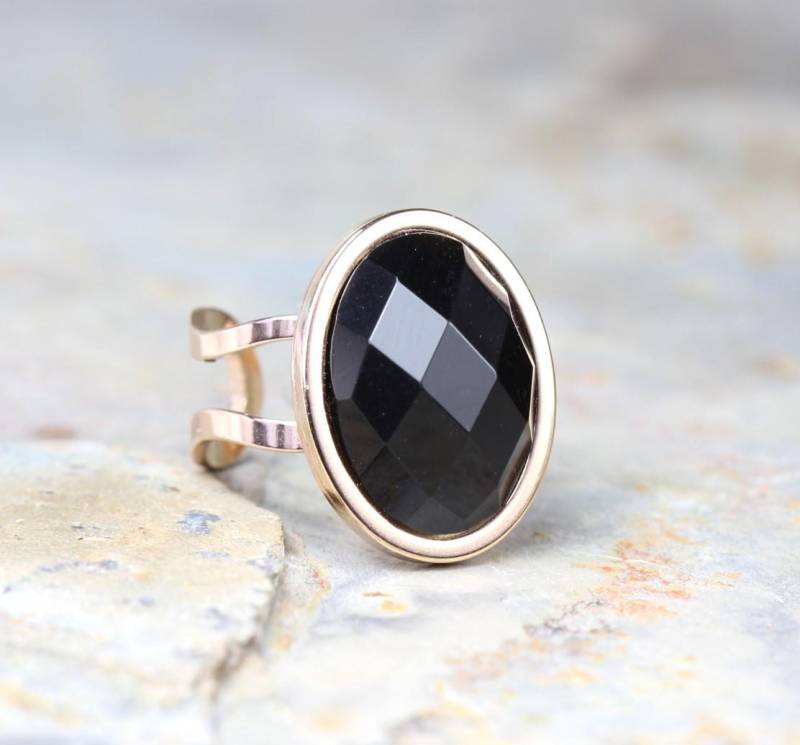 Ring Black Onyx Facettiert Edelstahl Rosegold Offen Statement Verstellbar von Sousiana