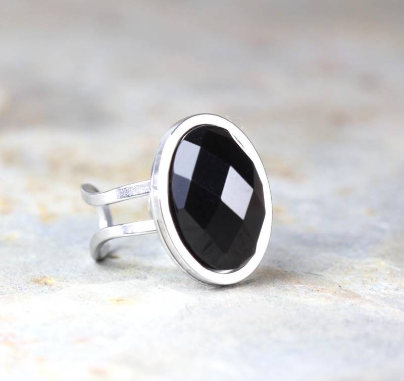 Ring Black Onyx Facettiert Edelstahl Silber Offen Statement Verstellbar von Sousiana