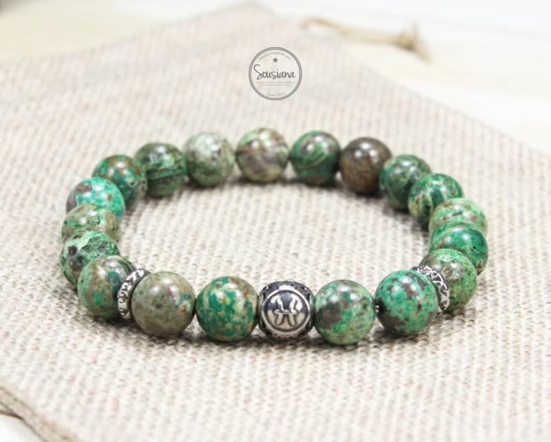 sternzeichen Armband Edelstein Herren Ozean Jaspis Oliv Edelstahl Männerarmband von Sousiana