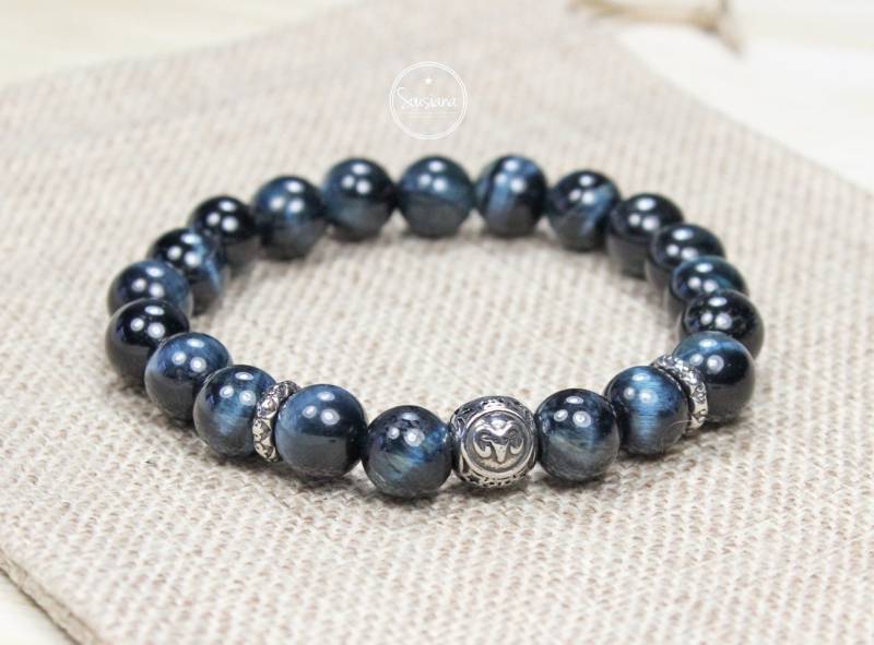sternzeichen Armband Edelstein Herren Tigerauge Dunkelblau Edelstahl Männerarmband von Sousiana