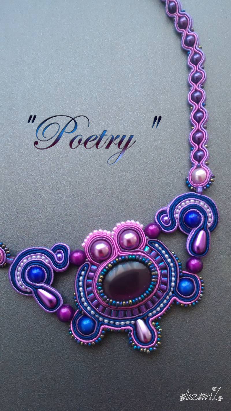 Soutache Halskette "Poesie", Schöne Farbkombination, Dunkellila Stein Katzenauge, Glasperlen, Handgefertigter Schmuck von SoutacheWorldShop