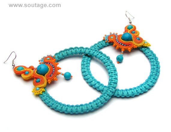 Arcadia Blau Orange Soutache Türkis Ohrringe Große Creolen Statement Boho Schmuck Geschenk Für Frau von SoutageAnka