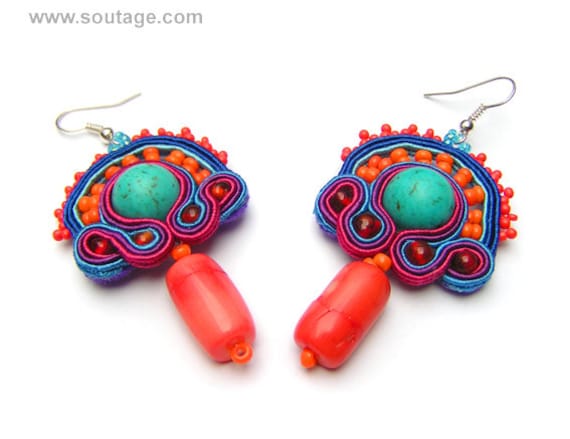 Palenque Soutache Ohrringe Türkis Koralle Bunte Statement Boho Schmuck Palenque Soutache Ohrringe Türkis Koralle Bunte Statement Boho Schmuck von SoutageAnka