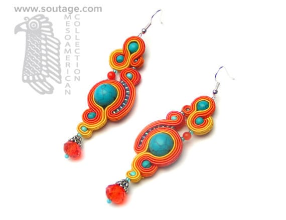 Sonne Jamaika Soutache Ohrringe Orange/ Türkis Lange Boho Statement Geschenk Für Frau Schmuck Sonne Jamaika Soutache Ohrringe Orange/ Türkis Lange Boho Statement Geschenk Für Frau Schmuck von SoutageAnka
