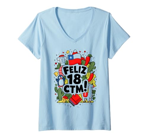 Damen Feliz 18 Chile Flagge Anden Lama Pinguin Fiesta Art T-Shirt mit V-Ausschnitt von South American Chilean Heritage Cultural Artwork