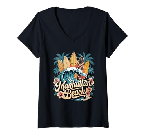 Damen Manhattan Beach Surfbretter Retro South Bay Art T-Shirt mit V-Ausschnitt von South Bay Beach Scene and Classic Surf Design Co