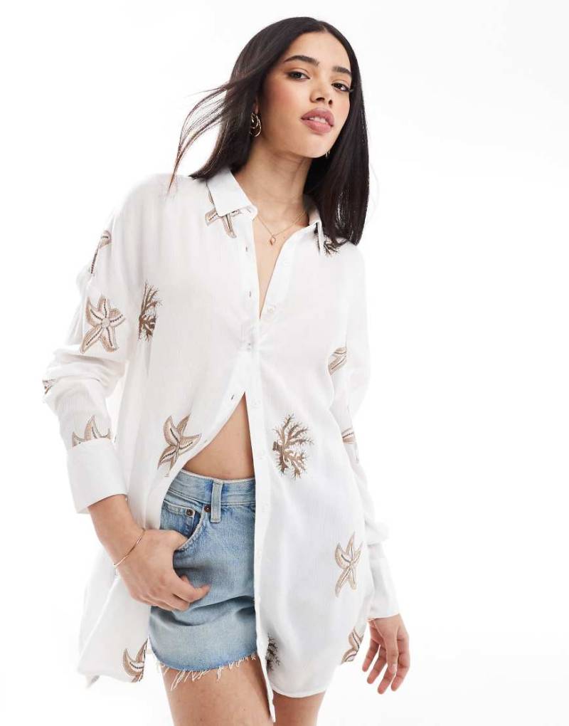 South Beach - Bestickte, langärmlige Hemdbluse in Taupe-Braun von South Beach