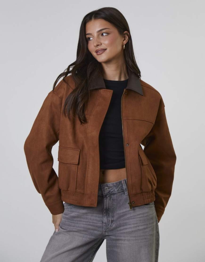 South Beach - Bomberjacke aus Wildlederimitat in Hellbraun mit Kunstleder-Details-Neutral von South Beach