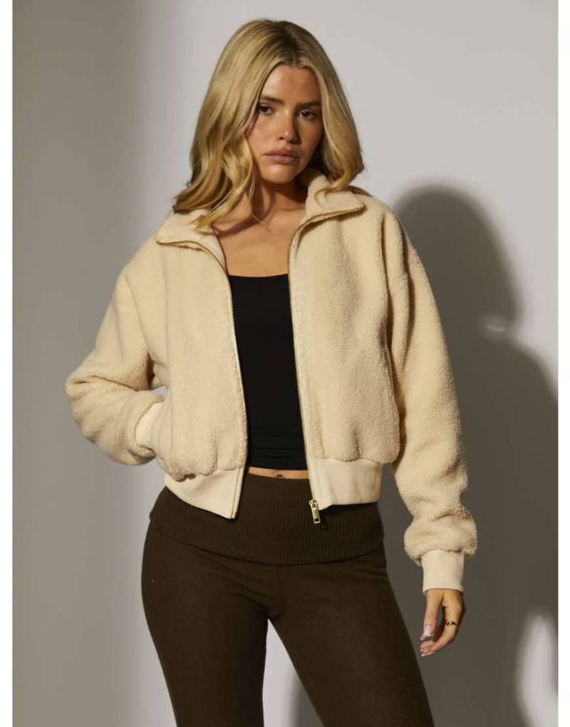 South Beach - Kürzere Jacke aus Teddyfell in Creme mit Fleece-Innenseite-Weiß von South Beach
