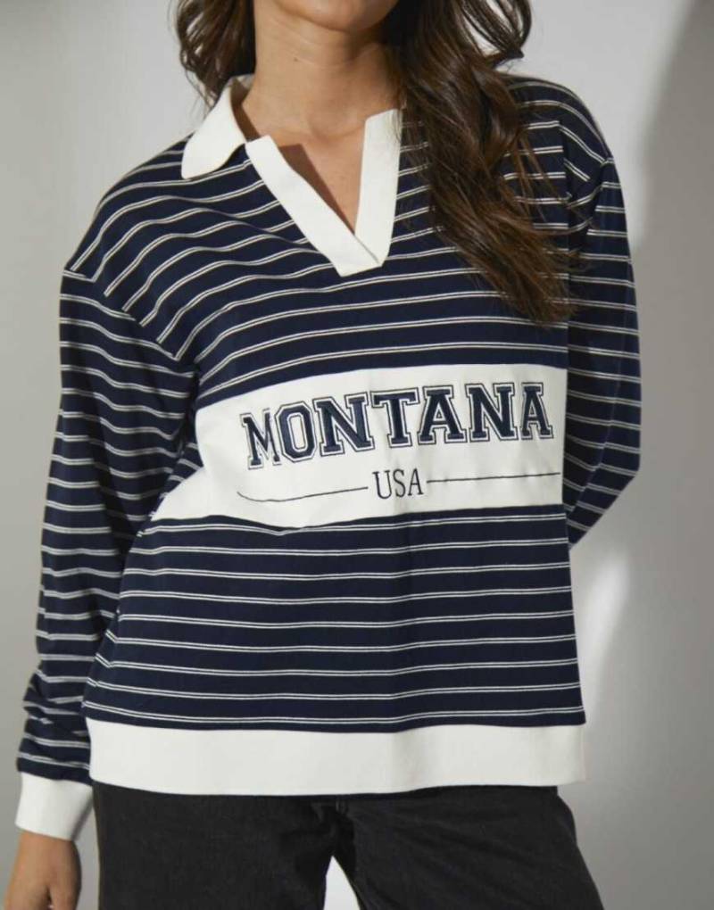 South Beach - Gestreiftes Rugbyshirt in Marineblau mit „Montana"-Grafikprint von South Beach