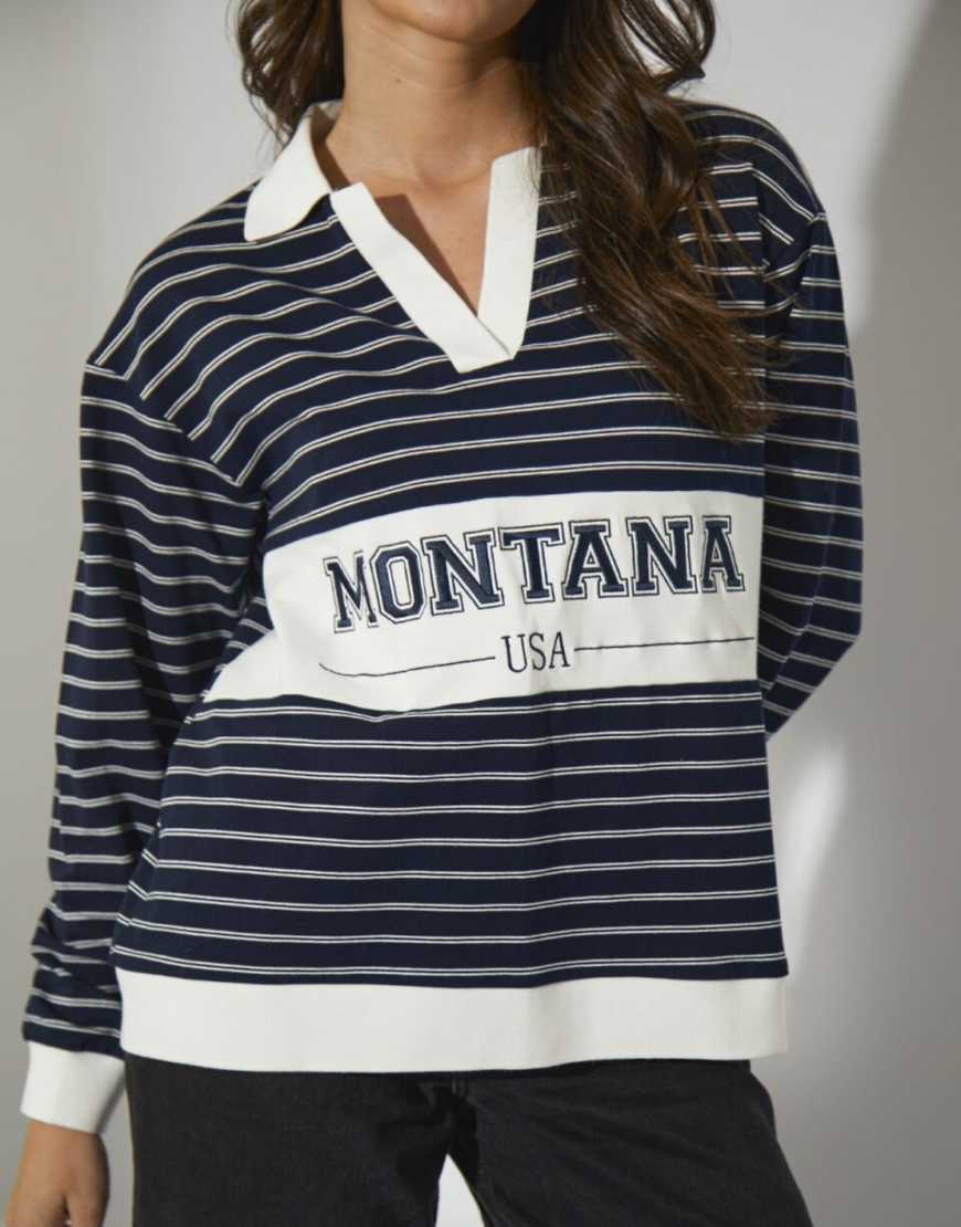 South Beach - Gestreiftes Rugbyshirt in Marineblau mit „Montana"-Grafikprint von South Beach