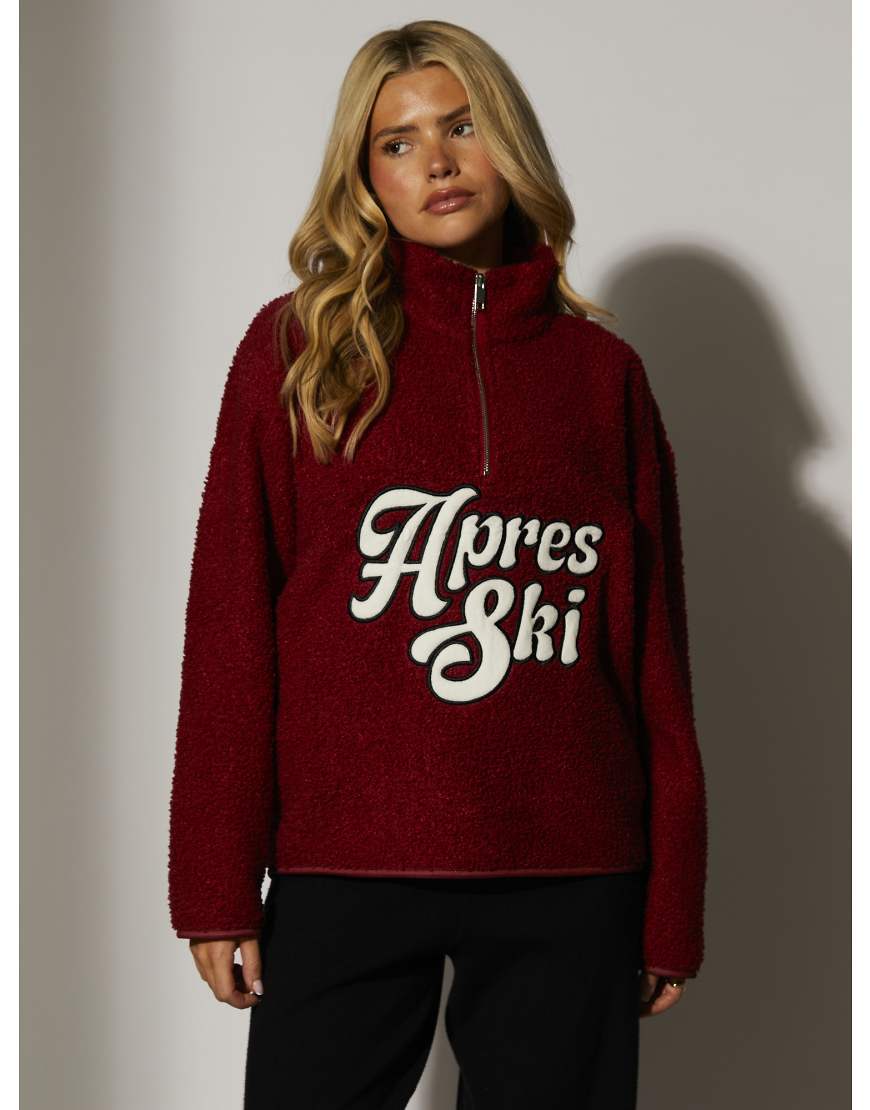 South Beach - Jacke aus Teddystoff in Burgunderrot mit kurzem Reißverschluss und alpiner Applikation von South Beach