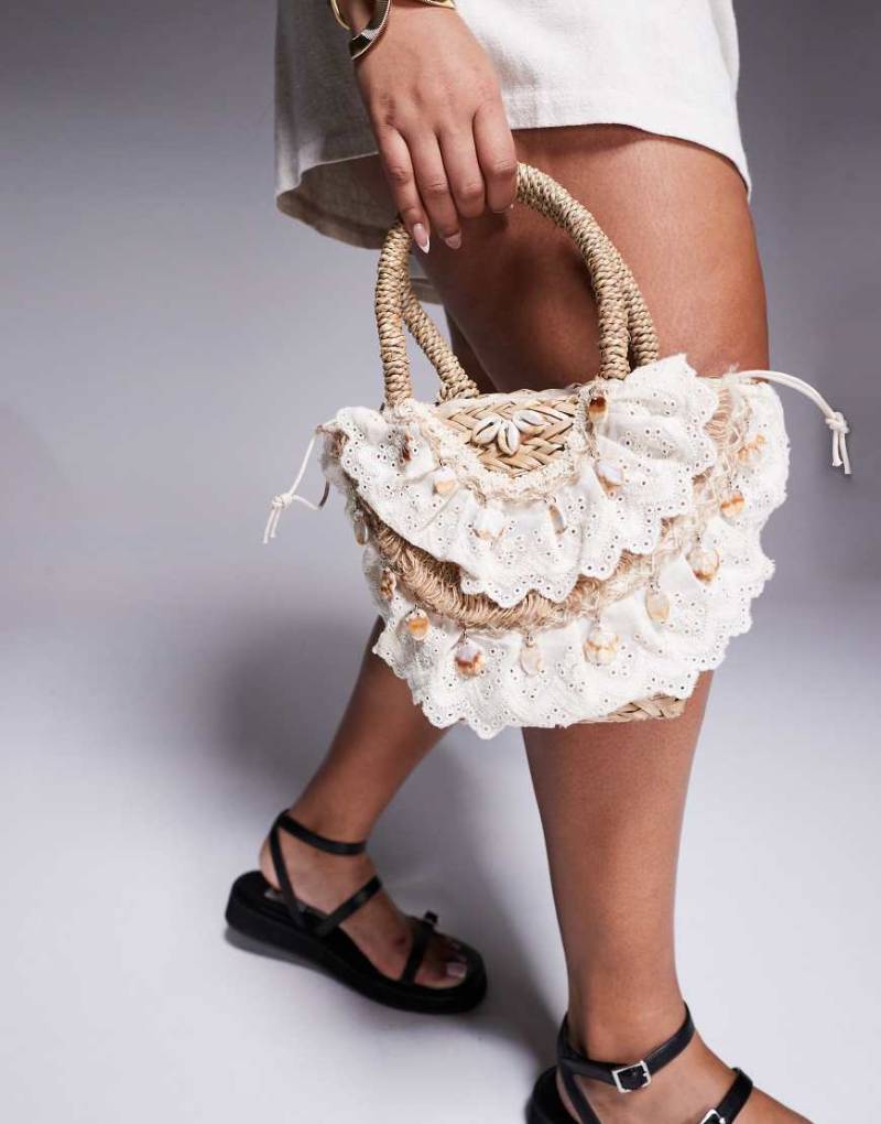 South Beach - Kleine Tasche mit Griff und Häkel- und Muschelverzierung-Neutral von South Beach