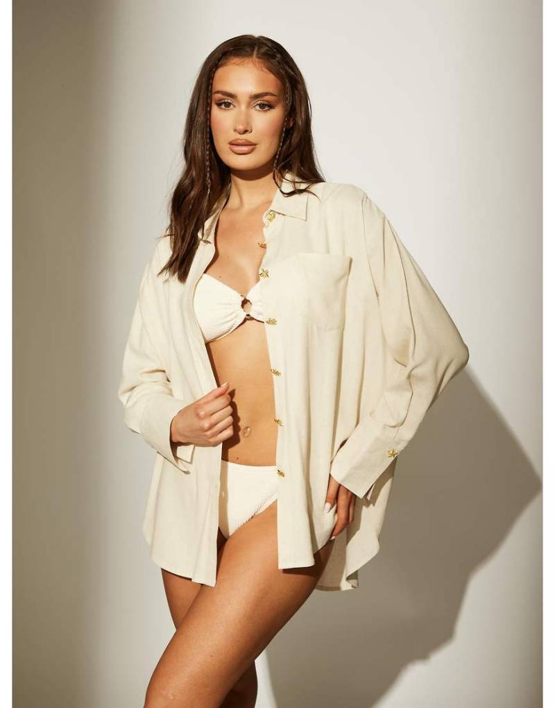 South Beach - Leinenmix-Hemd in Beige mit Knöpfen in Seestern-Design-Neutral von South Beach