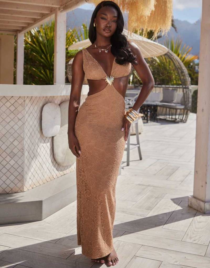South Beach - Maxi-Strandkleid aus Spitze in Karamell mit Cut-out-Neutral von South Beach