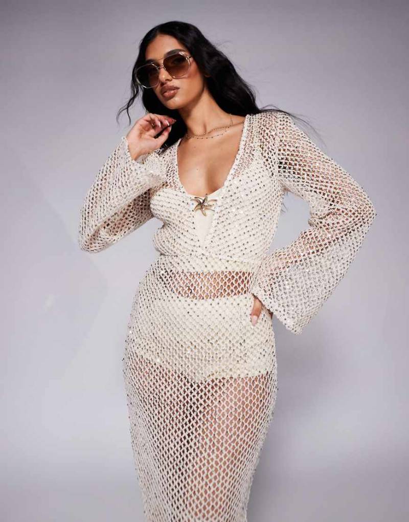 South Beach - Maxi-Strandkleid in Cremeweiß mit silberner Paillettenverzierung-Neutral von South Beach