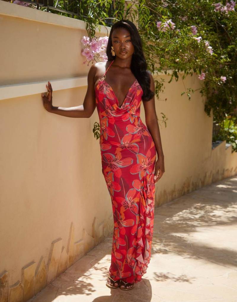 South Beach - Maxi-Strandkleid in Rot mit Wasserfallausschnitt und tropischem Blumenmuster-Bunt von South Beach