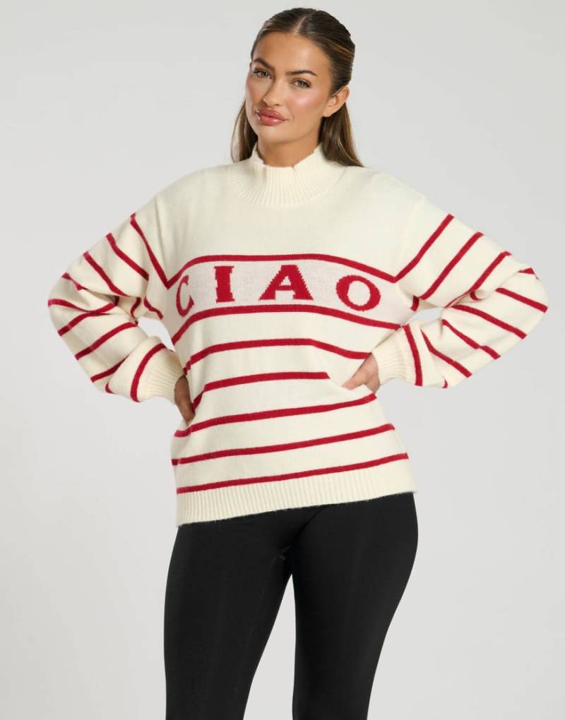 South Beach - Strickpullover in Cremeweiß mit Stehkragen, Schriftzug und Streifen von South Beach