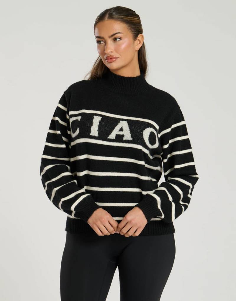 South Beach - Strickpullover in Schwarz mit Stehkragen, Schriftzug und Streifen South Beach - Strickpullover in Schwarz mit Stehkragen, Schriftzug und Streifen von South Beach