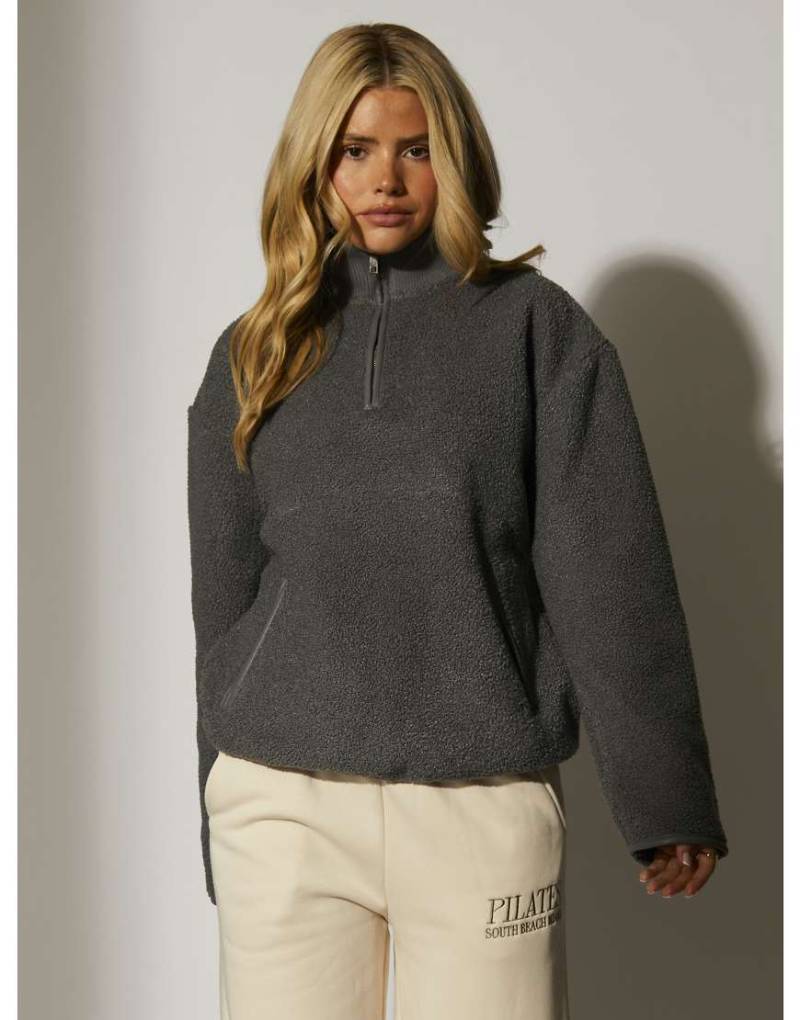 South Beach - Teddy-Pullover in Grau mit Fleece-Innenseite und kurzem Reißverschluss von South Beach