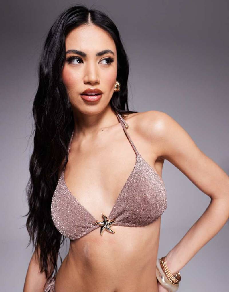 South Beach - Triangel-Bikinioberteil in glitzerndem Taupe mit Neckholder-Träger-Neutral von South Beach