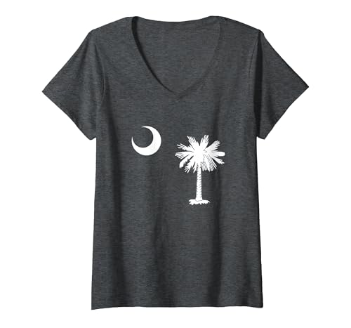 South Carolina Palmetto Staatsflagge T-Shirt mit V-Ausschnitt, Damen, Anthrazit Meliert, M von South Carolina Gifts