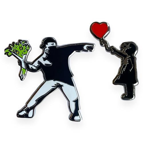 Banksy Anstecknadel Blumenwerfer & Mädchen mit Luftballon, Einheitsgröße, Edelstahl, Edelstahl Banksy Anstecknadel Blumenwerfer & Mädchen mit Luftballon, Einheitsgröße, Edelstahl, Edelstahl von South Coast Jewellery