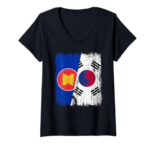 Damen ASEAN Südkorea Halbflagge ASEAN Südkoreanisch T-Shirt mit V-Ausschnitt Damen ASEAN Südkorea Halbflagge ASEAN Südkoreanisch T-Shirt mit V-Ausschnitt von South Korea Flag Designs Proud South Korean Roots
