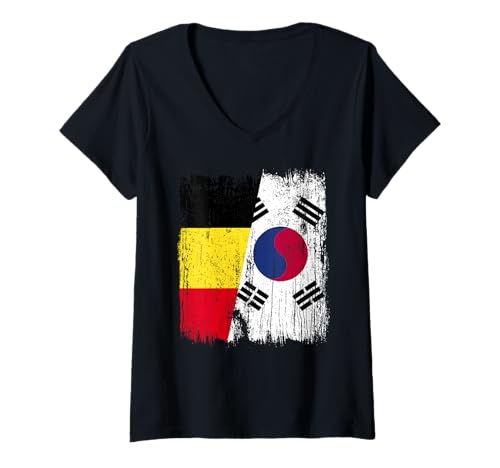 Damen Belgien, Südkorea, halbe Flagge, belgisches südkoreanisches Erbe T-Shirt mit V-Ausschnitt Damen Belgien, Südkorea, halbe Flagge, belgisches südkoreanisches Erbe T-Shirt mit V-Ausschnitt von South Korea Flag Designs Proud South Korean Roots