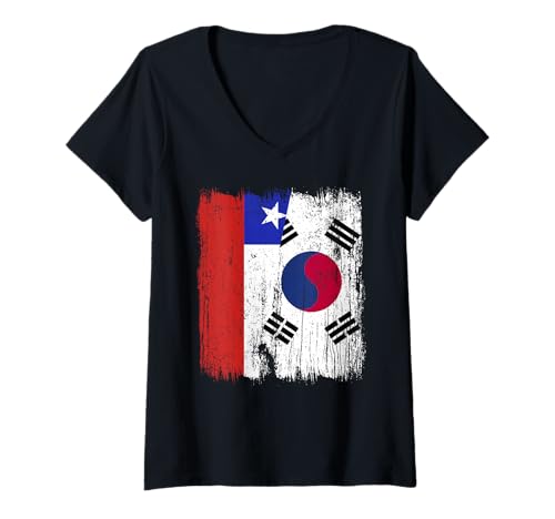 Damen Chile Südkorea Halbflagge chilenisches Südkoreanisches Trikot T-Shirt mit V-Ausschnitt Damen Chile Südkorea Halbflagge chilenisches Südkoreanisches Trikot T-Shirt mit V-Ausschnitt von South Korea Flag Designs Proud South Korean Roots