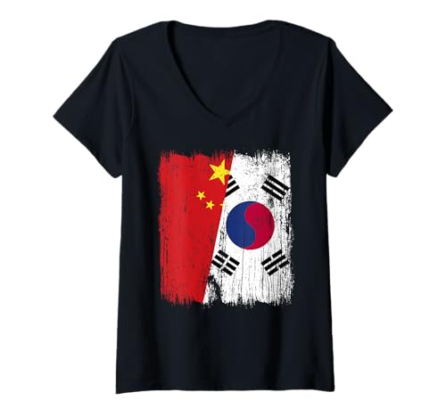 Damen China Südkorea Halbflagge Chinesisches Südkoreanisches Trikot T-Shirt mit V-Ausschnitt Damen China Südkorea Halbflagge Chinesisches Südkoreanisches Trikot T-Shirt mit V-Ausschnitt von South Korea Flag Designs Proud South Korean Roots