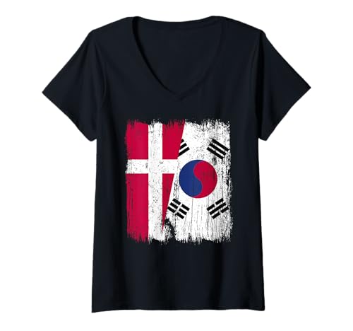Damen Dänemark Südkorea Halbflagge Dänisch Südkoreanisch T-Shirt mit V-Ausschnitt Damen Dänemark Südkorea Halbflagge Dänisch Südkoreanisch T-Shirt mit V-Ausschnitt von South Korea Flag Designs Proud South Korean Roots