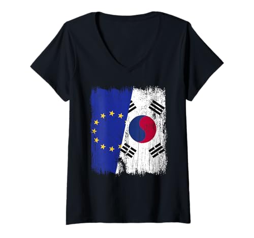 Damen EU Südkorea Halbflagge Europäische Union Südkoreanisch T-Shirt mit V-Ausschnitt Damen EU Südkorea Halbflagge Europäische Union Südkoreanisch T-Shirt mit V-Ausschnitt von South Korea Flag Designs Proud South Korean Roots
