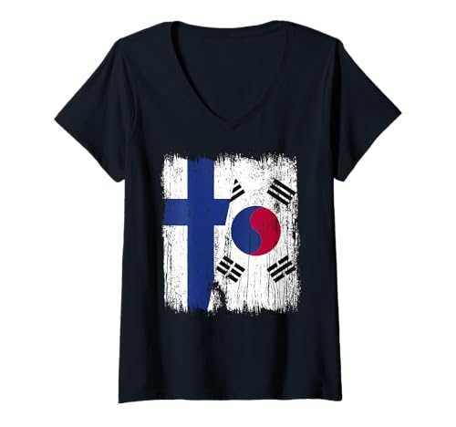 Damen Finnland Südkorea Halbflagge Finnisch Südkoreanisch T-Shirt mit V-Ausschnitt Damen Finnland Südkorea Halbflagge Finnisch Südkoreanisch T-Shirt mit V-Ausschnitt von South Korea Flag Designs Proud South Korean Roots