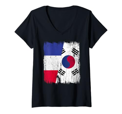 Damen Frankreich Südkorea Halbflagge Französisch Südkoreanisch T-Shirt mit V-Ausschnitt Damen Frankreich Südkorea Halbflagge Französisch Südkoreanisch T-Shirt mit V-Ausschnitt von South Korea Flag Designs Proud South Korean Roots