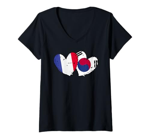 Damen Frankreich Südkorea Herz Flaggen Französisch Koreanisch Dual Flag T-Shirt mit V-Ausschnitt Damen Frankreich Südkorea Herz Flaggen Französisch Koreanisch Dual Flag T-Shirt mit V-Ausschnitt von South Korea Flag Designs Proud South Korean Roots