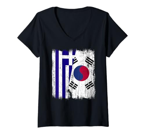 Damen Griechenland Südkorea Halbflagge Griechisch Südkoreanisch T-Shirt mit V-Ausschnitt Damen Griechenland Südkorea Halbflagge Griechisch Südkoreanisch T-Shirt mit V-Ausschnitt von South Korea Flag Designs Proud South Korean Roots