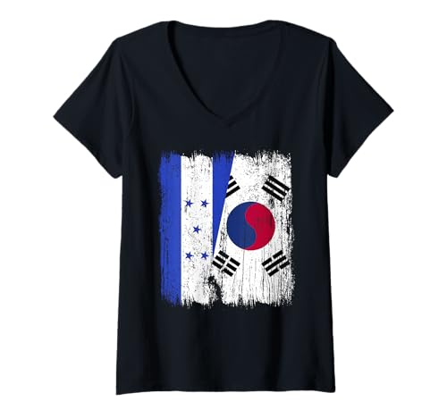 Damen Honduras Südkorea Halbflagge Honduranisch Südkoreanisch T-Shirt mit V-Ausschnitt Damen Honduras Südkorea Halbflagge Honduranisch Südkoreanisch T-Shirt mit V-Ausschnitt von South Korea Flag Designs Proud South Korean Roots