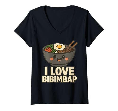 Damen I Love Bibimbap Cartoon K-Food Lover Love Koreanisches Essen T-Shirt mit V-Ausschnitt Damen I Love Bibimbap Cartoon K-Food Lover Love Koreanisches Essen T-Shirt mit V-Ausschnitt von South Korea Flag Designs Proud South Korean Roots